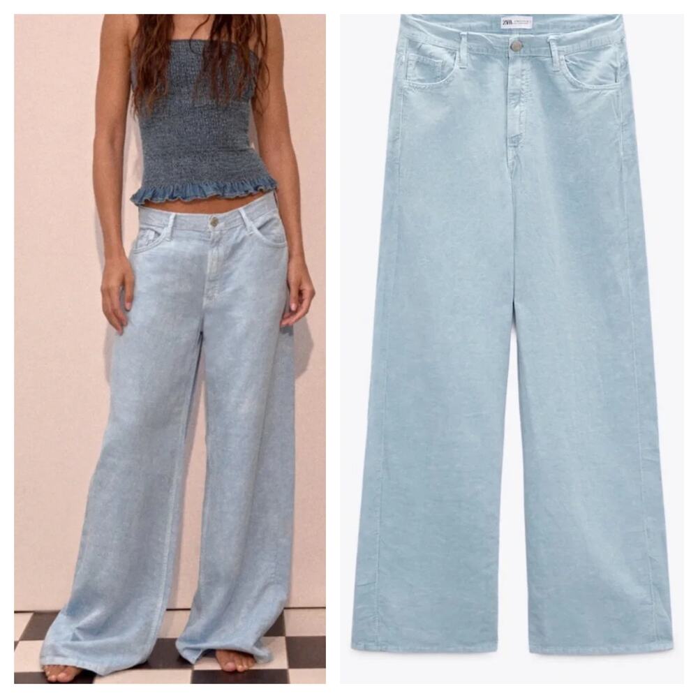 [Zara] Blue High Rise Linen Blend Loose Fit Wide Barrel Leg Jeans Lightweight 8